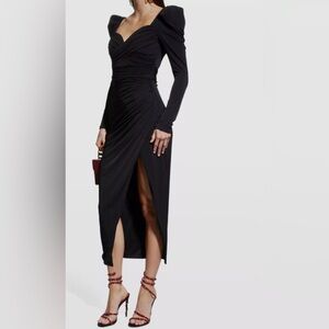 Jovani Black Ruched Puff-Sleeve Long Sleeve Sweetheart Midi Dress Size 6 $595